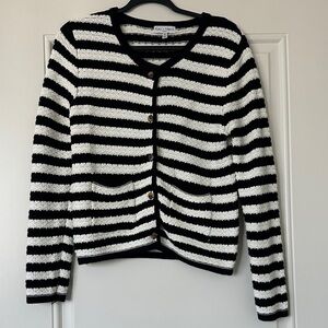CAbi Black and White Striped Button-Front Cardigan